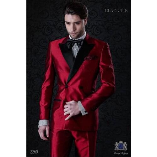 High Quality Double Breasted Shiny Red Groom Tuxedos Peak Lapel Groomsmen Mens Suits Blazers (Jacket+Pants+Tie) W:746