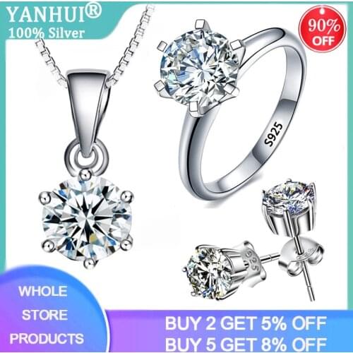 YANHUI 100% Original 925 Sterling Silver Solitaire 8mm 2.0ct Zirconia Diamond Wedding Band Ring&Earrings&Necklace Jewelry Set