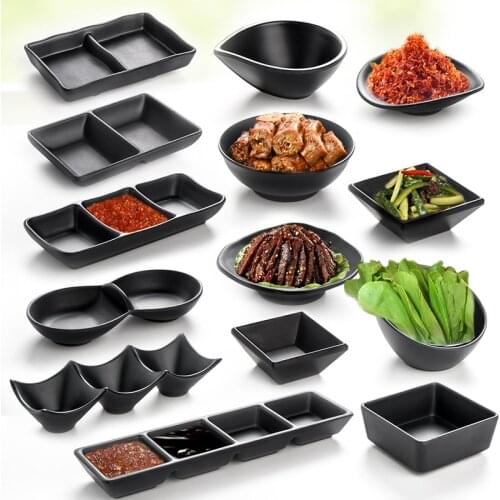 Japanese Hotpot Tableware Seasoning Plate Two Taste Plate Imitation Porcelain Melamine Black Snack Plate Three Dip Sauce Plate