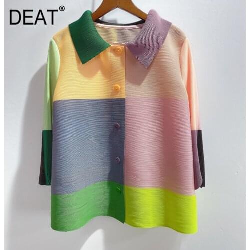 DEAT Pleated Jackets Woman Hit Color Plaid Wild Loose Single Breasted Lapel Collar Coat 2021 New Summer Oversized Clothing HT832