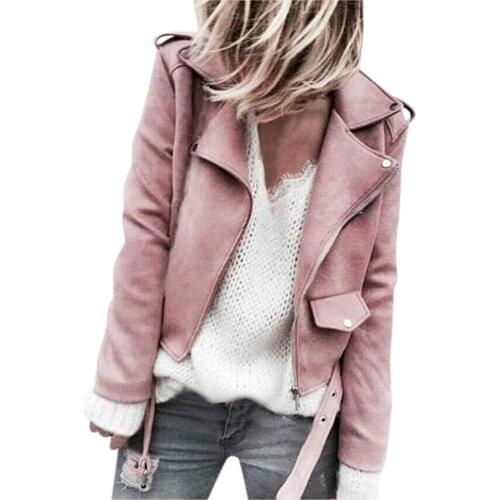 Womens Casual Autumn Suede Slim Zippers Coat Short Cool Motorcycle Jacket Turn Down Collar Outwear Ladies Elegant Jackets