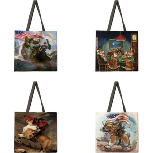 Ladies shoulder bag linen fabric bag leisure foldable shopping bag dog oil painting print tote bag female outdoor beach bag