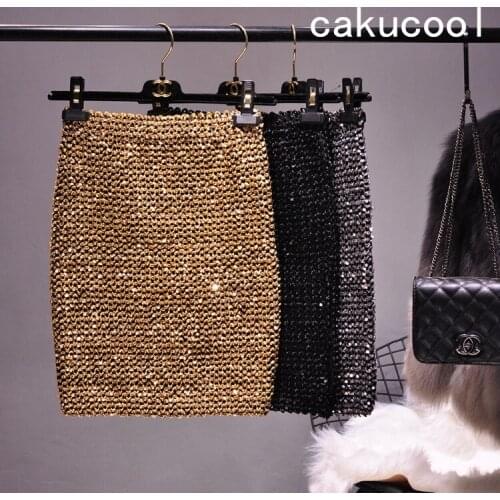 Cakucool New Bling Gold Lurex Bodycon stretch Pencil Skirt Empire Luxury Sexy Club mini skirt fashion women 2020 Khaki Silver