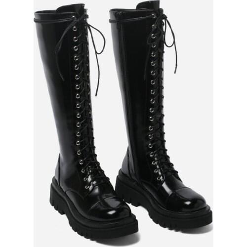 Black White Fashion Knee High Boots Pu Leather Winter Women Boots Platform Sqaure Heel Motorcycle Boots Zipper Ladies Shoes