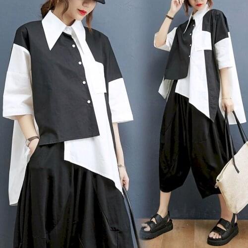 Womens Suit Loose Two-piece Suit Stitching Short-sleeved Shirt Buttoned Irregular Shirt Wide-leg Pants Fashion Suits 2021 Summer