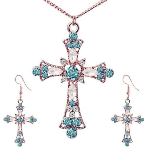 3pcs Statement Necklace for Women Crystal Cross Pendant Necklaces Earrings Sets Choker Jesus Flower Christian Religion Jewelry