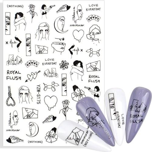 1pcs Back Glue Nail Stickers Black Cute Cartoon Decal For Nails Fruit Leaf Flower Water Decals Anime Tattoo For DIY Manicure