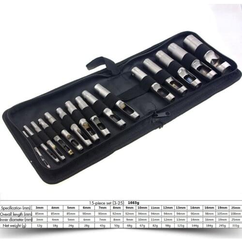 15PCS/Set 3mm-25mm Leather Craft Hole Punch Round Hollow Punch Cutter Tool for Leather Watch Bands Belts Canvas Paper Plastic
