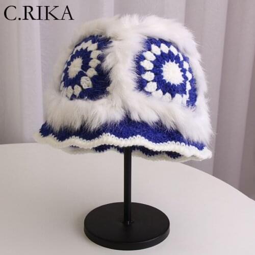 2021 Fashion Real Rabbit Fur Bucket Hat Women Girl Thick Warm Winter Hat Foldable Hollow Crochet Knitting Fisherman Hat Bob
