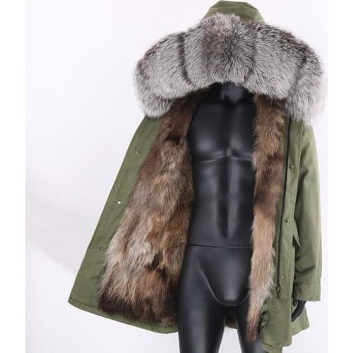 7XL Men Real Fur Parka Mens Real raccoon Fur Jacket With Removable Raccoon Fur Liner Hood Winter Long Warm Coat