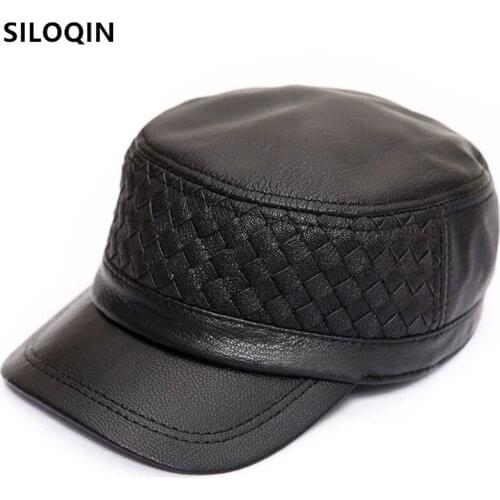 SILOQIN Snapback Cap New Autumn Winter Mens Genuine Leather Caps Natural Sheepskin Military Hat Adjustable Size Casual Navy Hat