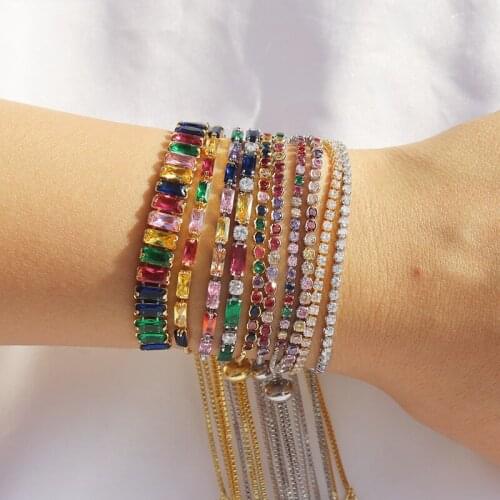 Colorful Luxury Brand Zirconia Bracelets Rainbow Statement Copper Charm Bangle Bracelets for Women Party Office Jewelry Girls