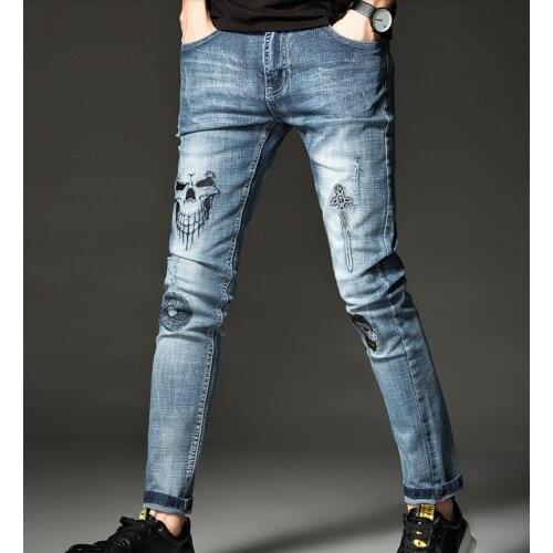 Skull Mens hop-hip Embroidery Soft Stretch Cotton Denim Slim Light Blue Jeans Vintage Casual Streetwear Pants