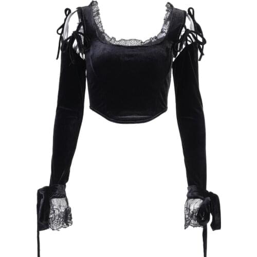 Goth Dark Sexy Vintage Aesthetic Grunge Gothic T-shirt For Women Harajuku Flare Sleeve Fall 2021 Halloween Tshirt Cropped Velvet