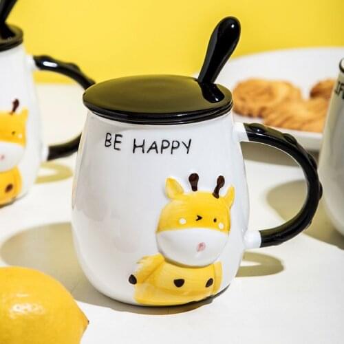 Personality cartoon embossed hand-painted color fawn coffee cup mugs ceramic cup with lid spoon office home cute water cup