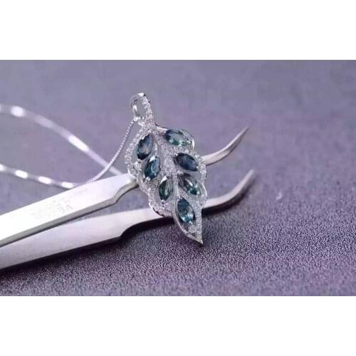 Natural sapphire stone pendant 925 Sterling silver Natural gemstone Pendant Necklace trendy Luxury big leaves women girl jewelry