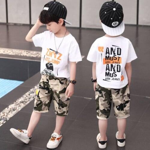 Summer T-Shirt + Camouflage Short Pants 2Pcs Cotton Casual Sports Set For 4 5 6 7 8 9 10 11 12 14 Yrs Children Boys Clothes Set