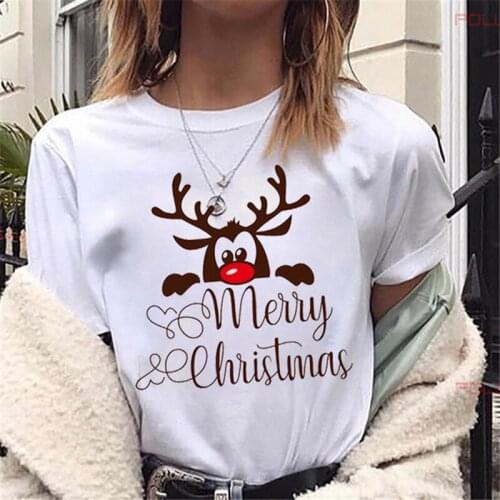 Lovely Merry Christmas T-shirt Reindeer Print Women Clothes White Short Sleeve Funny T Shirts Casual Female Tee