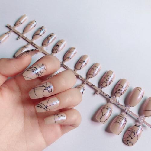 24tips Glitter Coffin False Nails Wearable Ballerina Trapezoid Short Artificial Press on Nails Full Cover with Black Lines Decor