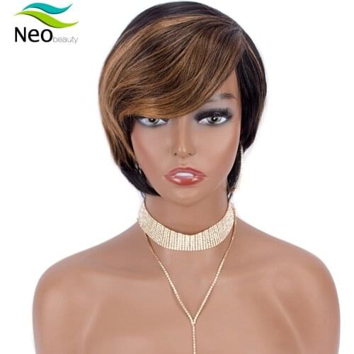 Pixie Cut Wigs Short Human Hair Full Wig With Bangs Straight Perruque Cheveux Humain Brazilian wig for black women Ombre Color