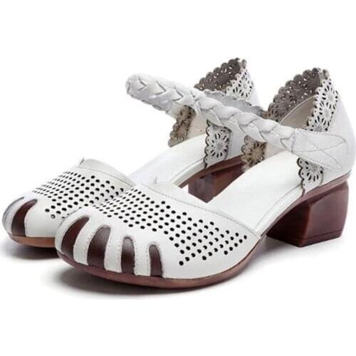 Promotion 2020 New Summer Hollow Genuine Leather High Heel Sandals Classic Retro Fashion Casual Sandals Soft Sole Women Sandals