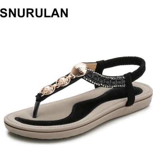 SNURULAN Womens Bohemian Ladys Pearl with crystals; Roman flat sandals; womens sandals; womens shoes; spicy street shoes
