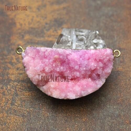 Pink Color Fresh Druzy Crystal Peace Stone Connectors Crescent Moon Delicate Necklace Pendant Jewelry Approx 45*25 mm PM11237