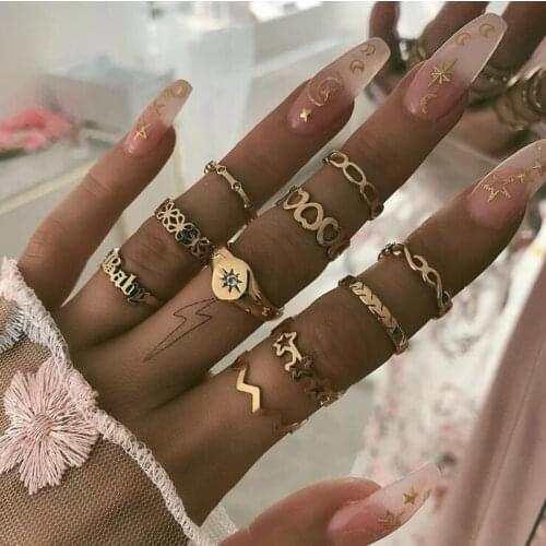 Tocona Vintage Gold Ring Set for Women Girls Boho Hollow Round Ring Knuckle Rings Crystal Personality Design Jewelry 9087