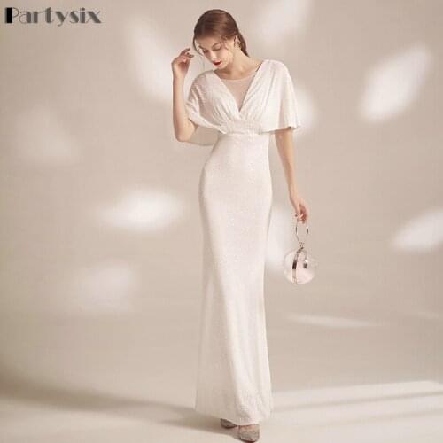 Partysix Evening Dresses Mermaid Short Sleeves Sexy V Neck Evening Gown Elegant Glitter Bat Sleeves Formal Party Dress