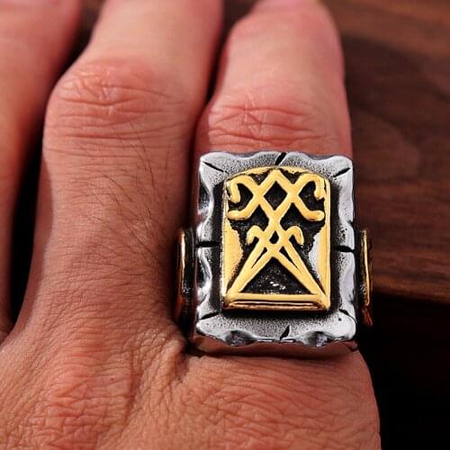 Retro Sigil of Lucifer Signet Ring for Men Cool 316L Stainless Steel Pentagram Punk Biker Ring Fashion Satan Cross Pagan Jewelry