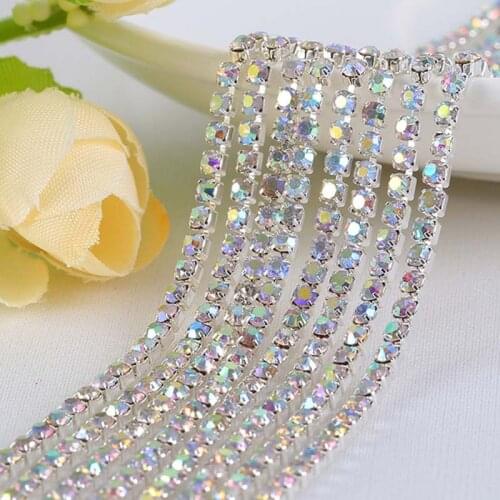 YANRUO 10 Meters AB Copper Cup Chain Sewing Rhinestone Crystal Glass Stones Flat Back Silver Base Rhinestones Stones For Dress