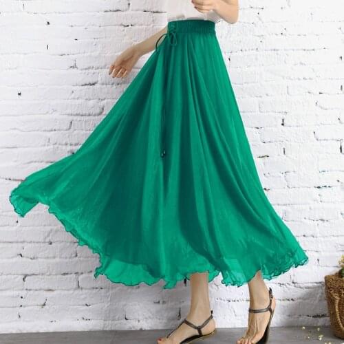 Summer A Line Women High Waist Vintage Green Skirts Long Slim Bohemian Boho Beach Elegant Casual Dance Skirt Girls Chiffon Skirt