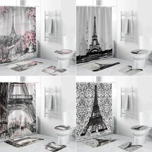 3D Paris Eiffel Tower Shower Curtain Black and White Towers Bathroom Curtains Set Non-Slip Rugs Toilet Lid Cover Mat Carpet