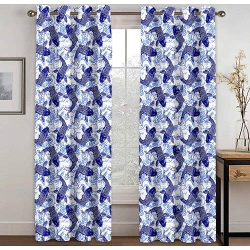 Living Room Shading 90% Decorative Curtain Blue Carp Pattern Home Textile Decoration Bedroom Perforated Curtains