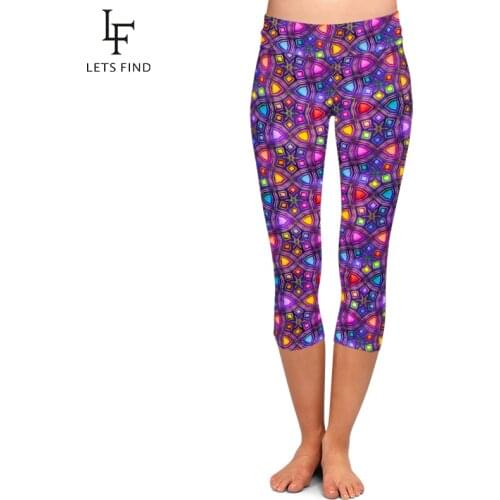LETSFIND 3D Abstract Bright Shiny Colorful Geometric Shapes Print Women Capri Leggings Fashion High Waist Soft Plus Size Pants