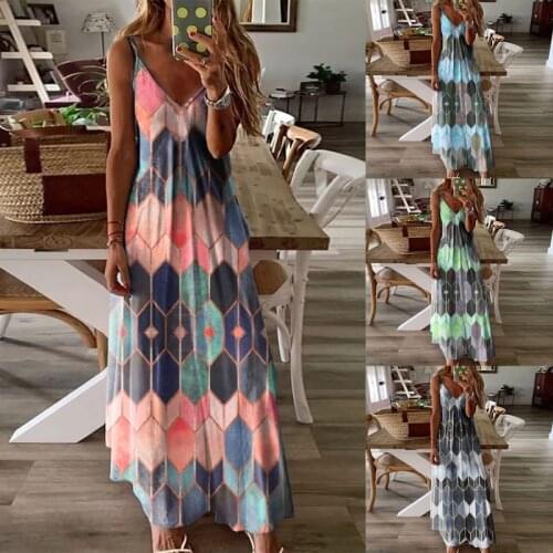 Women Summer Boho Long Dress High Waist V Neck Sleeveless Spaghetti Strap Ladies Casual Printed Beach Dresses