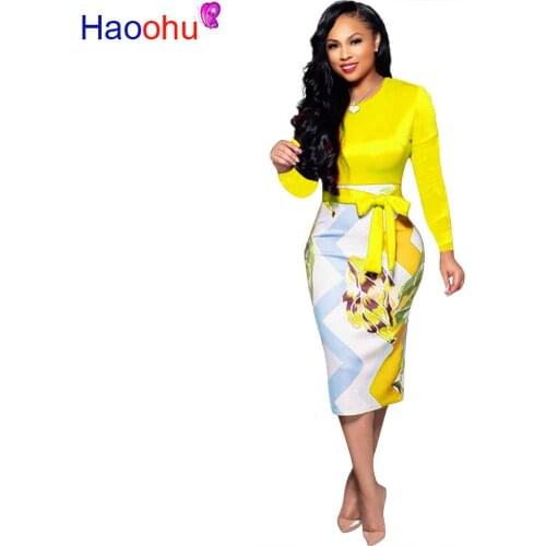 Printed Waist Tie Bow Sexy Pencil Dress Women Long Sleeve Spliced Back Split Bodycon Dress Elegant Ladies Maxi Long Office Dress