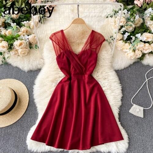 Women V Neck Backless Dress Korean Design Mesh V Neck A-line Party Dresses 2021 Summer Sexy Streetwear Short Dress