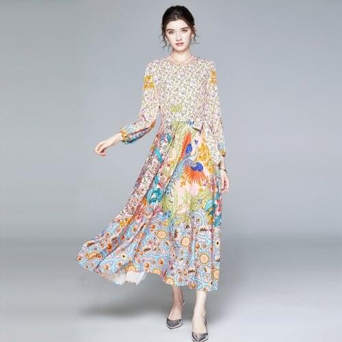 ZUOMAN Autumn Vintage Peacock Flower Print Maxi Dress Womens Long Lantern Sleeve O-Neck Hollow Out Belted Shirt Hoiday Long Dre