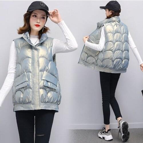 Women Winter Vests 2021 New Casual Lapel Bright Color Vest Sleeveless Cotton Padded Jacket Female Loose Thicken Zipper Waistcoat