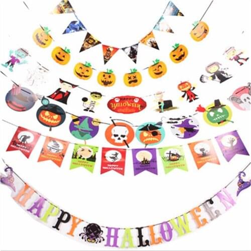100 Pcs Halloween Banners Flags Party Hanging Decorations Supplies Pumpkin Wizard Mummy Witch Skull Bat Happy Halloween Banner