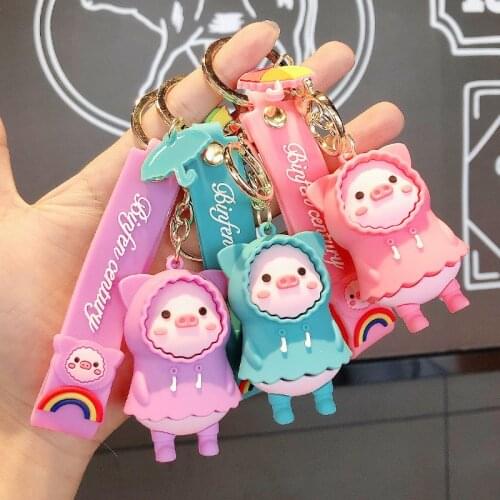 3D PVC Cartoon Raincoat Pig Doll Metal Keychain Silicone Trinket Girl Boy Pendant Bag Car Key Ring Jewelry Lanyard Creative Gift