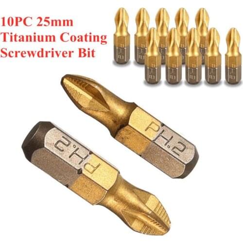 10Pcs Gold Pozi 2 PZ2 x 25mm Alloy Steel Drive Screwdriver Bits Hex Tools 6.35mm Hex Shank 1/4'' Hand Tools