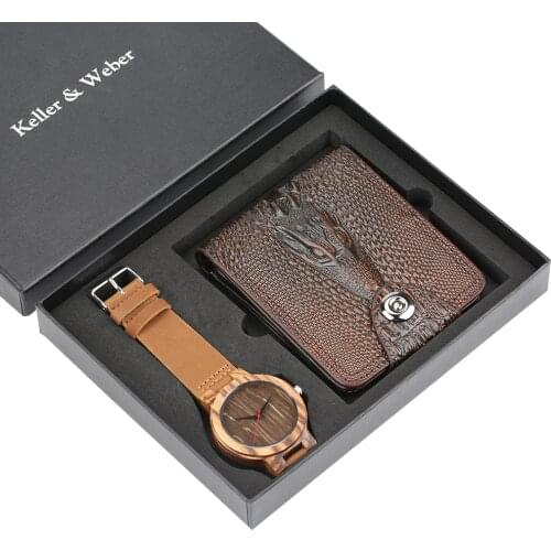 Wallet Watch Set Mens Leather Wooden Wristwatch Crocodile Pattern Credit Card Holder Purses Wallet Friends Christmas Gift Set