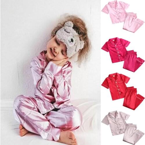 Summer Pajama Sets for Girls Silk Satin Top+Pant Long sleeve Solid Silky Pyjamas Nightgown Children Sleepwear for Boys Clothes