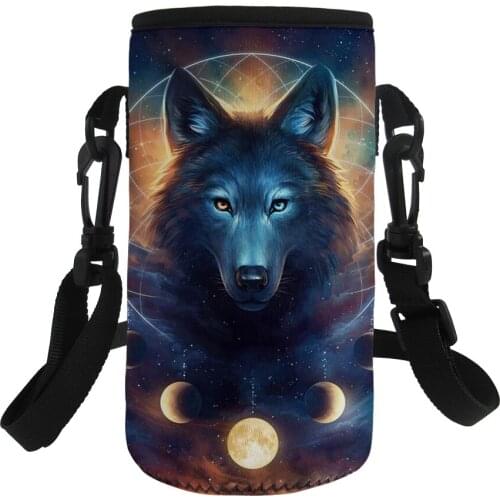 Hot Selling 500-1000ML Water Bottle Bag Wolf Printed Big Water Bottle Sleeve Neoprene Cover Portable Bottle Holder Adjust Strap