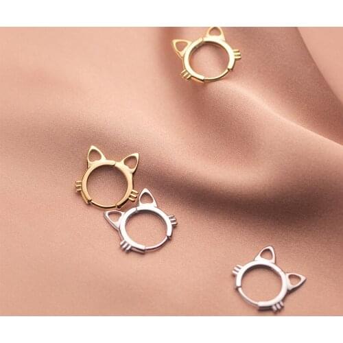 Cute Authentic Real 100% 925 Sterling Silver Open Kitten Cat Circle ear ear-bone Hoop Huggie Earrings C-G9806