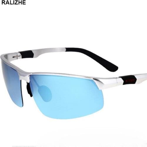 RALIZHE Fashion Polarized Sunglasses Men Square Sport Vintage Silver Sun Glasses Car Driver Driving Light Blue Mirror UV400 Lens
