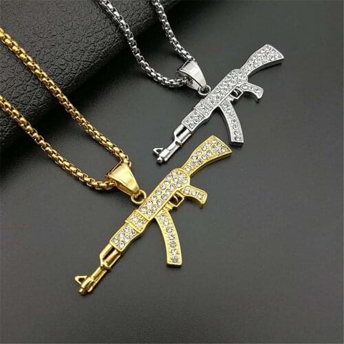 Iced Out Bling AK47 Gun Pendants With Chain Stainless Steel Rhinestone IP Gold Color Mens Hip Hop Street Jewelry Dropshipping