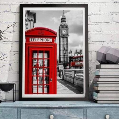 Full Drill DIY Diamond Embroidery Art Kits Modern Art Styles Red Telephone Booth 5d Diamond Painting Embroidery Street